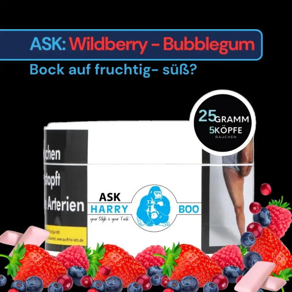 Eine Tabakdose 25g Harry Boo im Flavour Ask Wildberry Bubblegum
