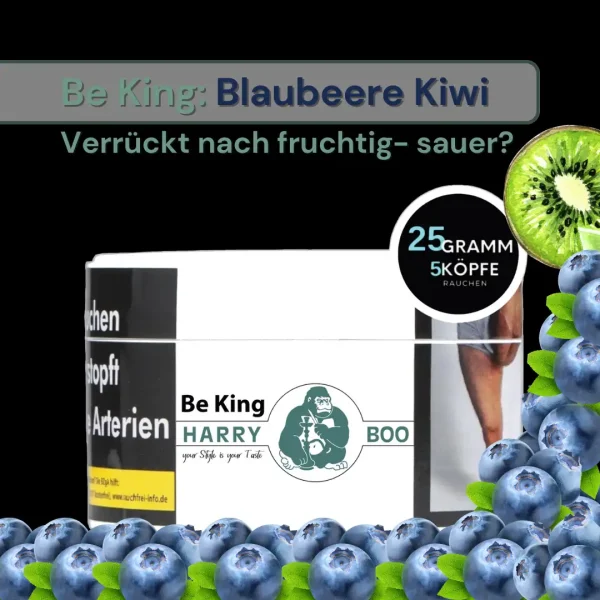 Eine 25g Dose mit Shishatabak - Harry Boo im Geschmack Be King- Blauberre Kiwi